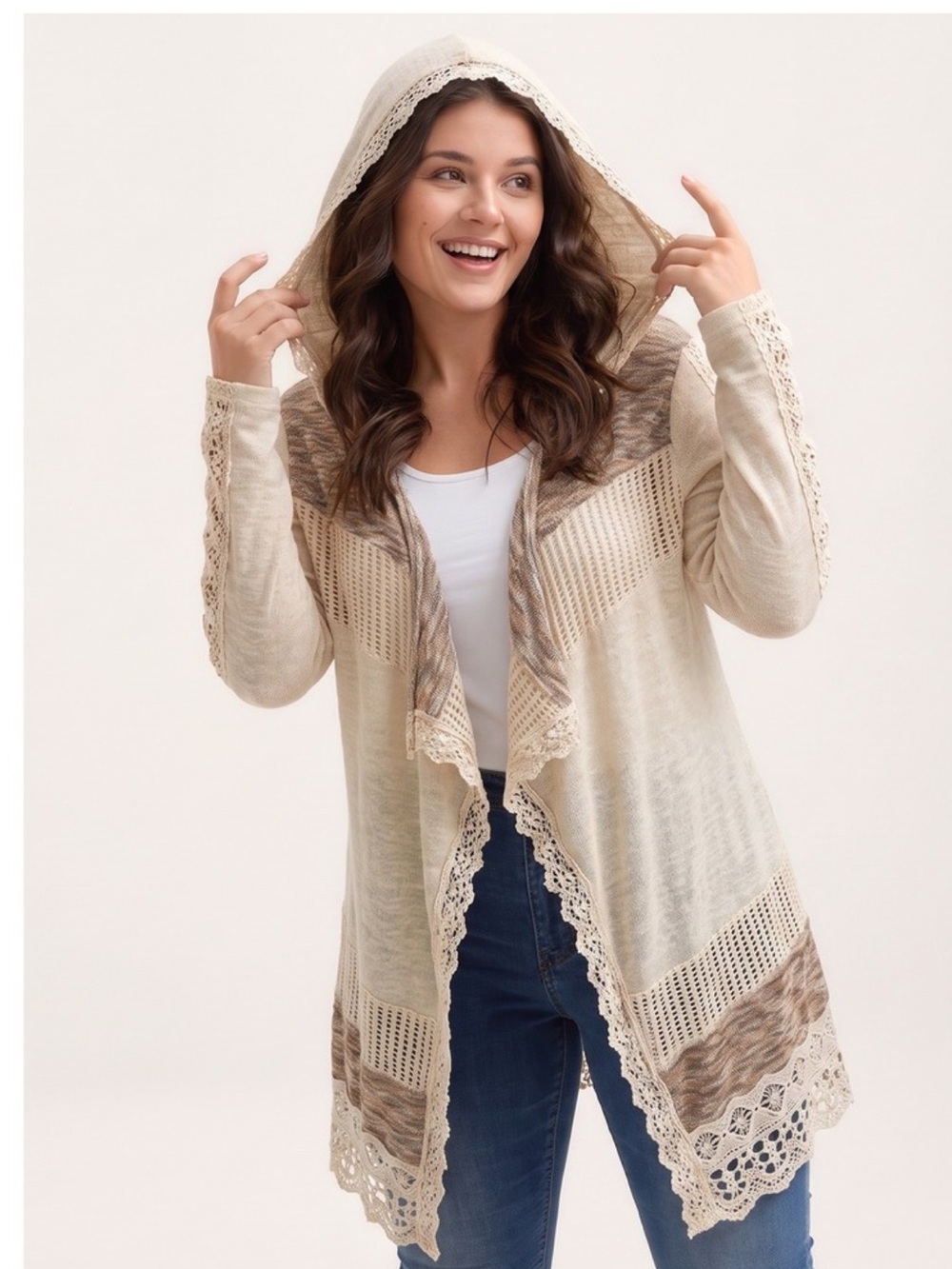 Miss Me Pieced Crochet Hooded Waterfall Long Cardigan Sweater Ivory Size L VGUC